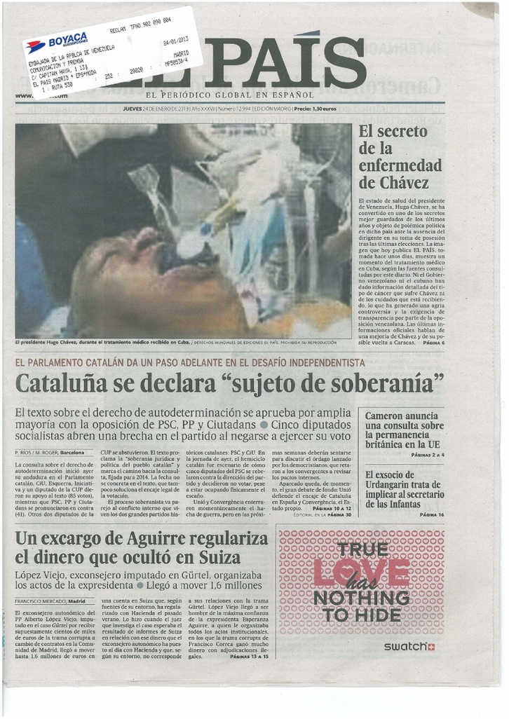 Ejemplar de ‘El Pais’ recibido en la embajada de Venezuela en Madrid (@VillegasPoljakE)