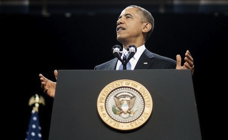 Obama, durante su primer discurso de su nuevo mandato en un acto en Las Vegas. (Jim WATSON/AFP)