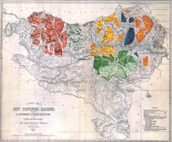 Mapa de los dialectos del euskara realizado por Luis-Lucien Bonaparte, uno de los primeros lingüistas que estudió científicamente la lengua vasca. (Gari GARAIALDE)