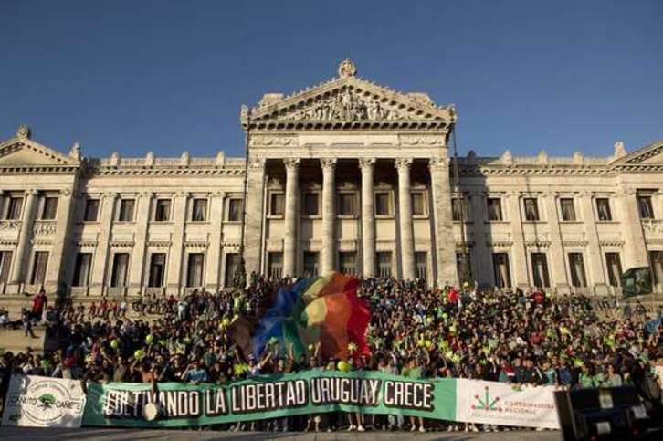 Personas a favor del consumo libre de marihuana han celebrado la decisión frente al legislativo. (Pablo PORCIUNCULA/AFP)