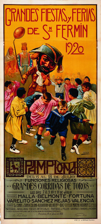 Cartel anunciador de los sanfermines de 1920, obra de Javier Ciga.